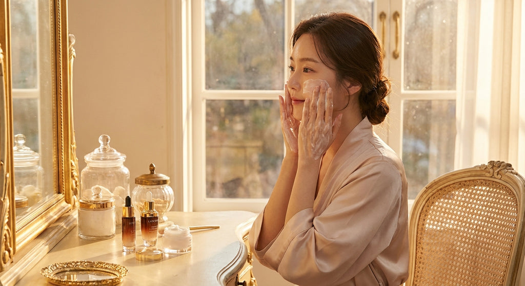 Lifestyle — facial massage cream applied with both hands, golden hour