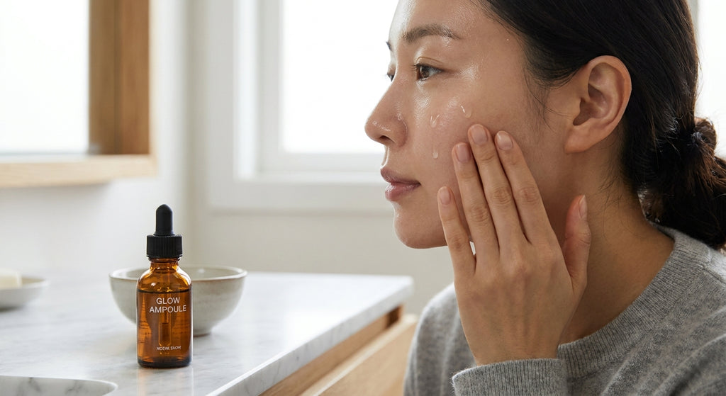 Lifestyle — centella ampoule serum being patted onto glowing skin