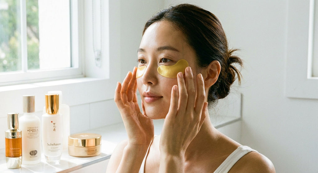 Lifestyle — hydrogel eye patches being applied, K-beauty morning routine